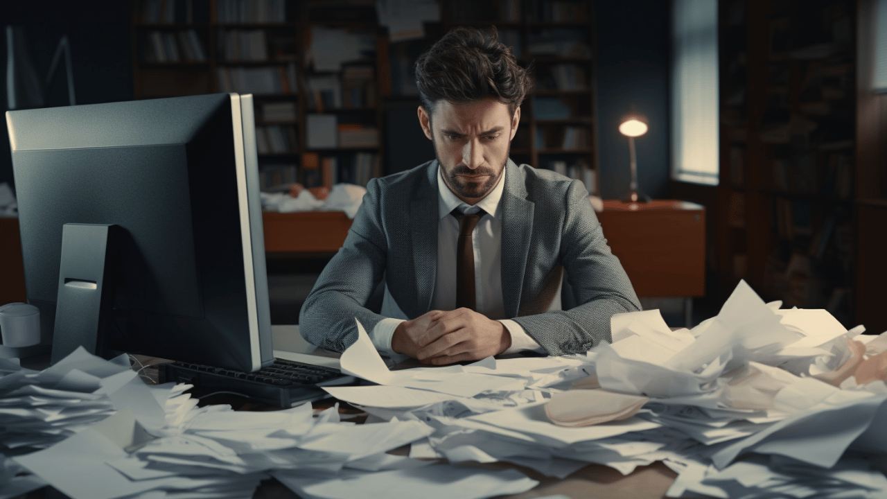 a man with lots of papers in front of him