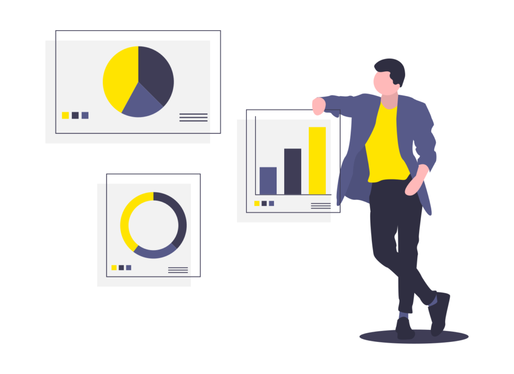 Animated person standing by data graphs