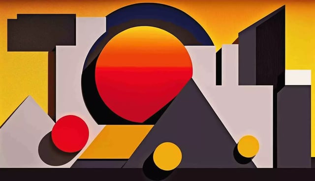 The image is an abstract geometric artwork featuring a variety of shapes and colors. It includes elements such as a large black rectangle, a red circle, a yellow triangle, and several smaller shapes in shades of red, yellow, and grey.