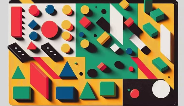 The image displays a collection of variously shaped geometric shapes in bright colors such as red, blue, yellow, green, and black, arranged in no particular order on a flat surface.