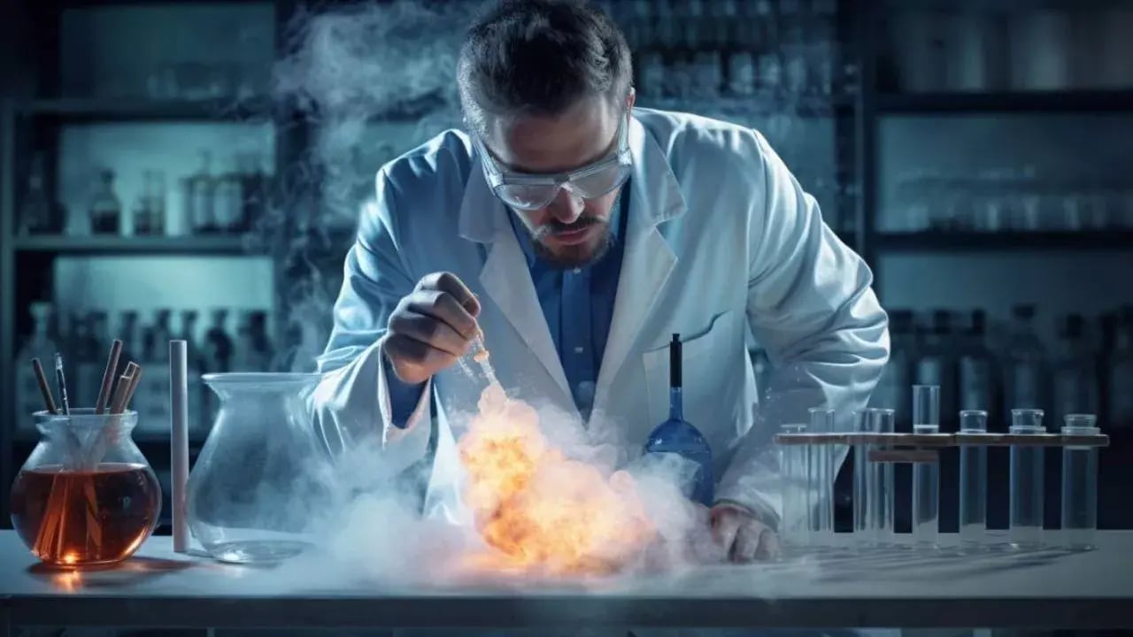 a scientist in a laboratory setting, wearing a white lab coat and safety goggles