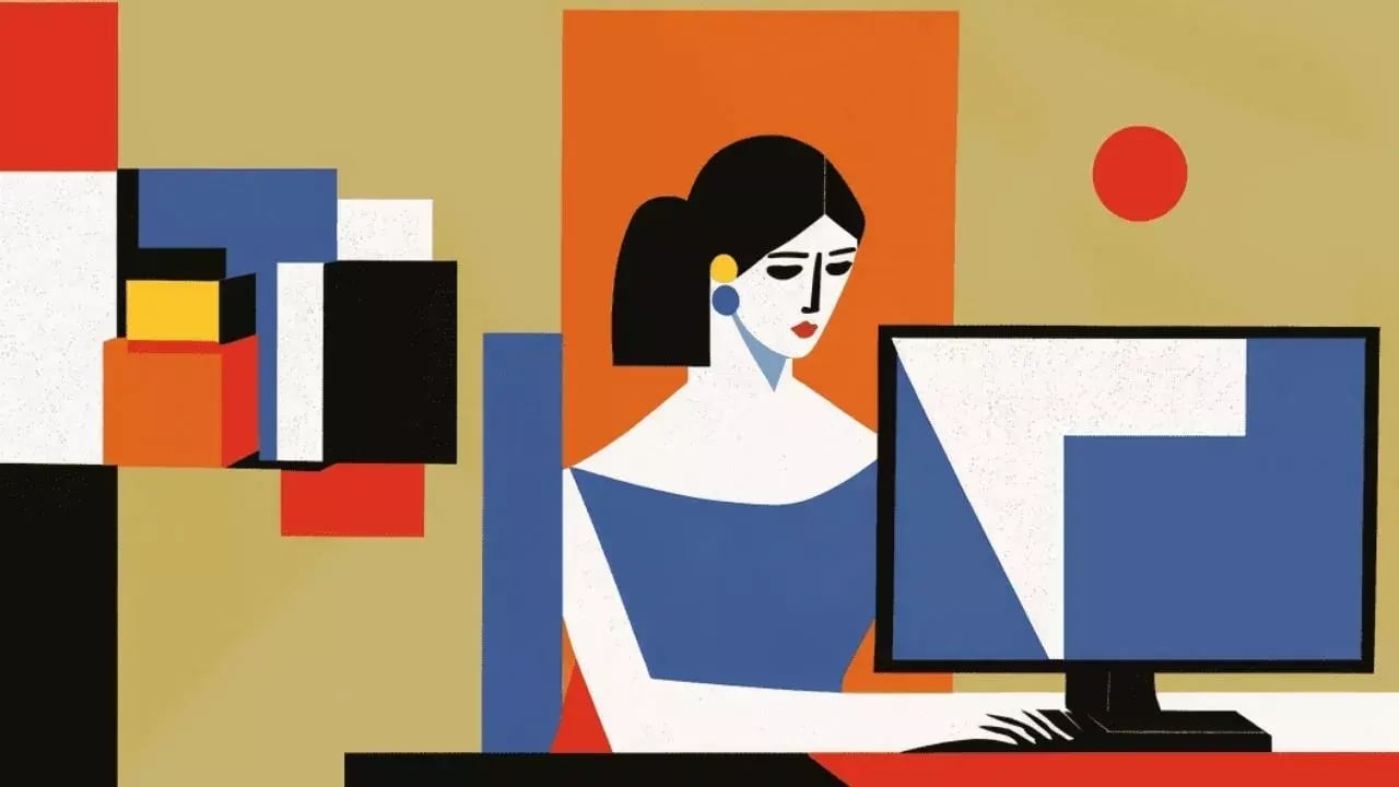 a stylized illustration of a woman sitting at a computer