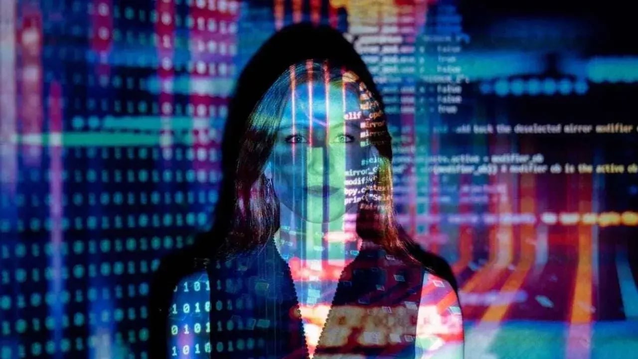 A silhouette of a woman overlaid with vibrant digital elements, including binary code and programming text
