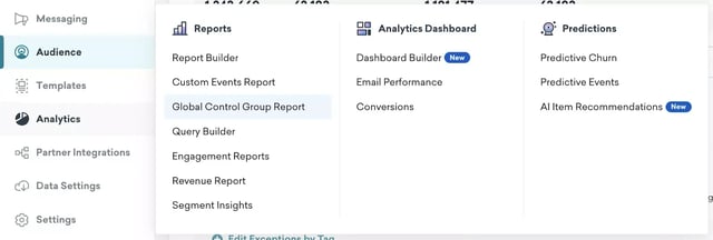 The menu includes options such as 'Reports', 'Dashboard Builder', 'Predictions', 'Audience', 'Templates', 'Analytics', 'Partner Integrations', 'Data Settings', and 'Settings'.