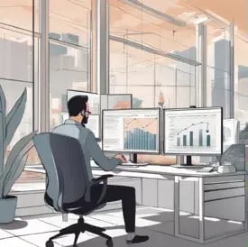 The image depicts a monochromatic-colored office scene with a person sitting at a desk with multiple computer screens displaying bar graphs.