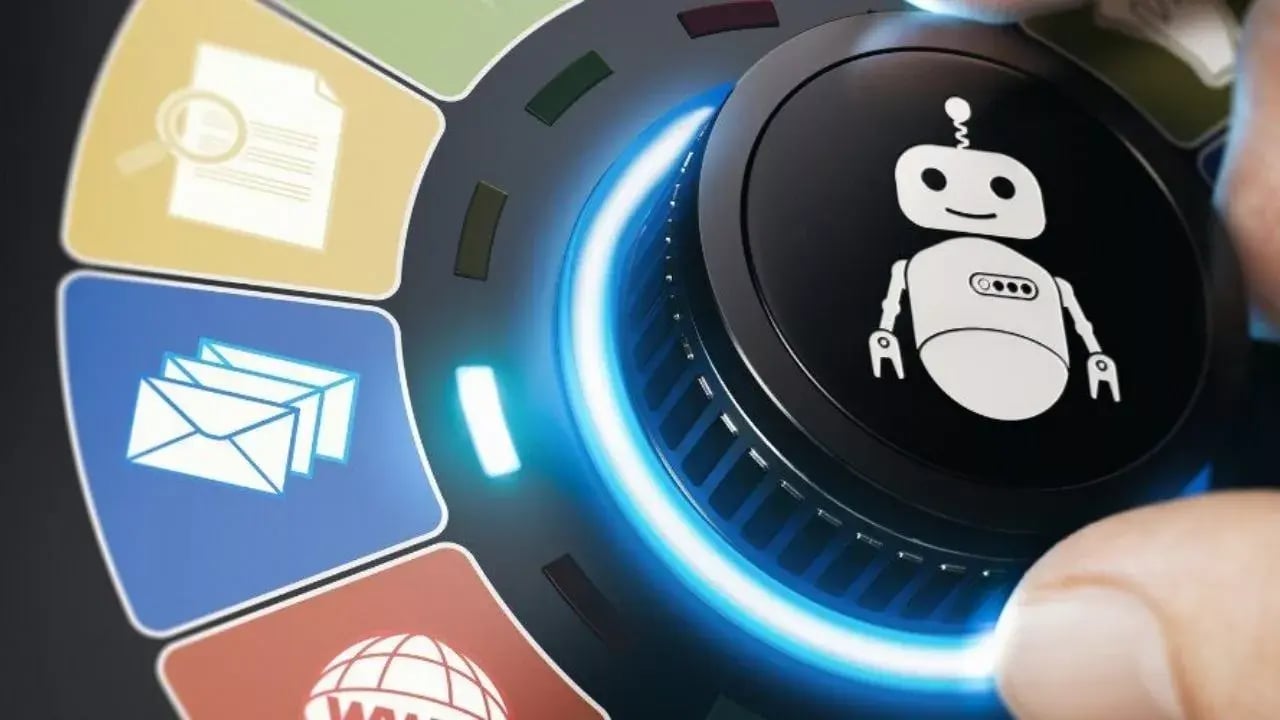 a hand adjusting a control knob that includes a robot icon at its center.