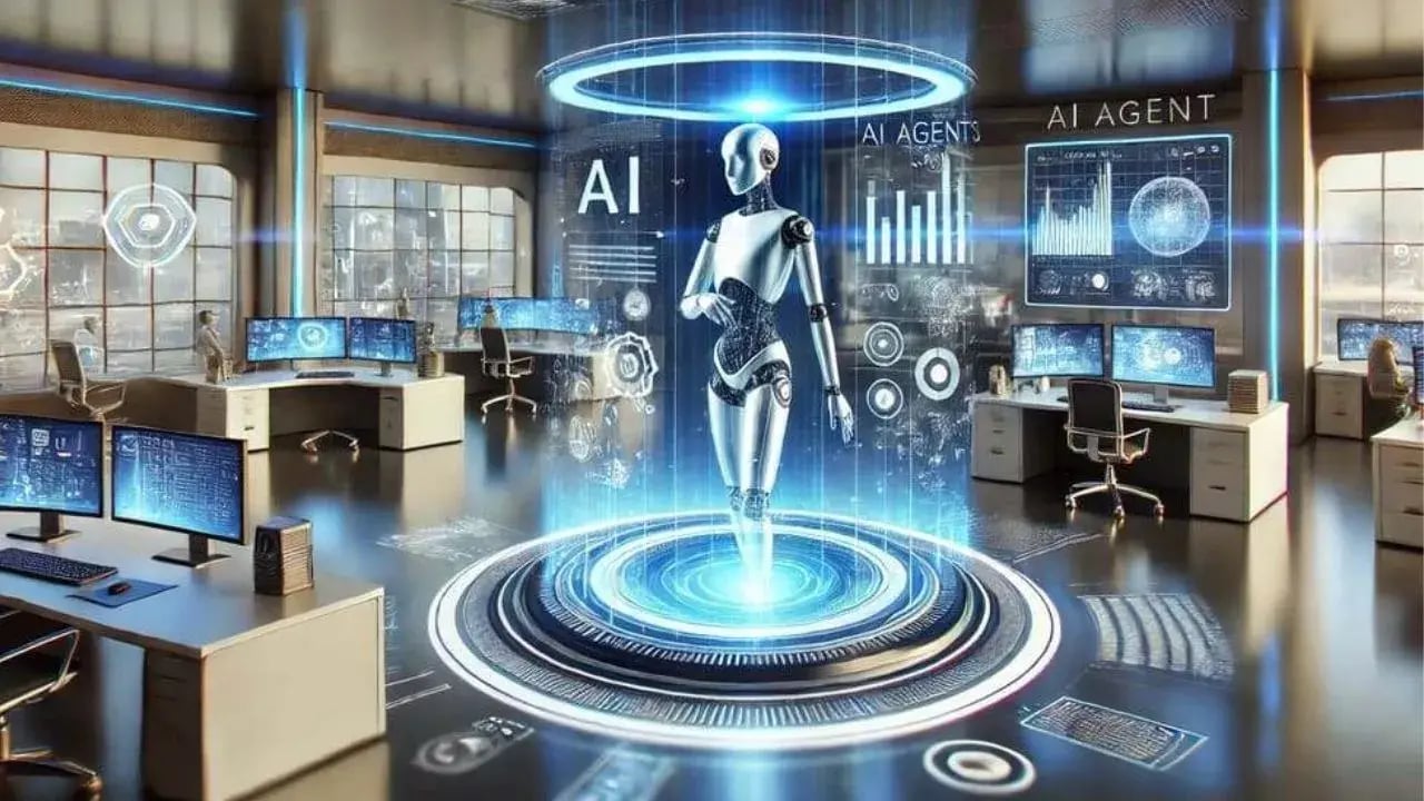 A futuristic office environment featuring a humanoid robot at the center
