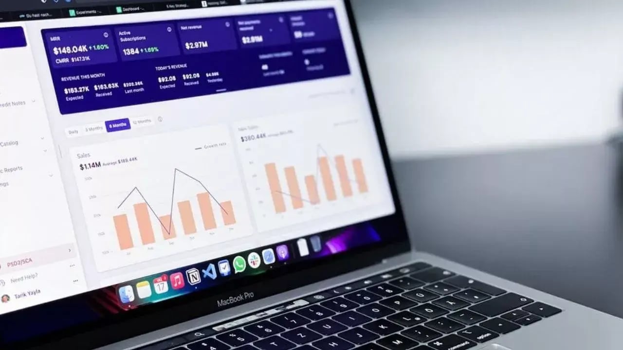 A MacBook Pro displaying a dashboard with financial data