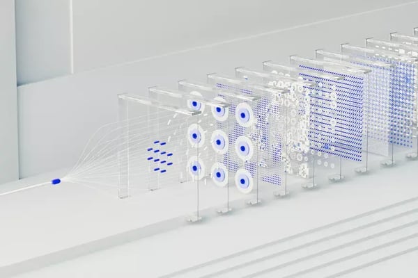 The image depicts a series of transparent, rectangular panels arranged in a row, featuring various geometric patterns in blue and white.