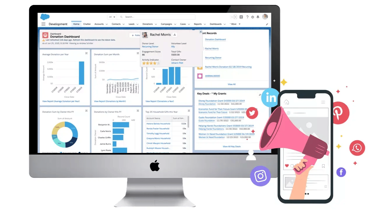 A macbook and on the screen you see Salesforce nonprofit system A macbook and on the screen you see Salesforce nonprofit system