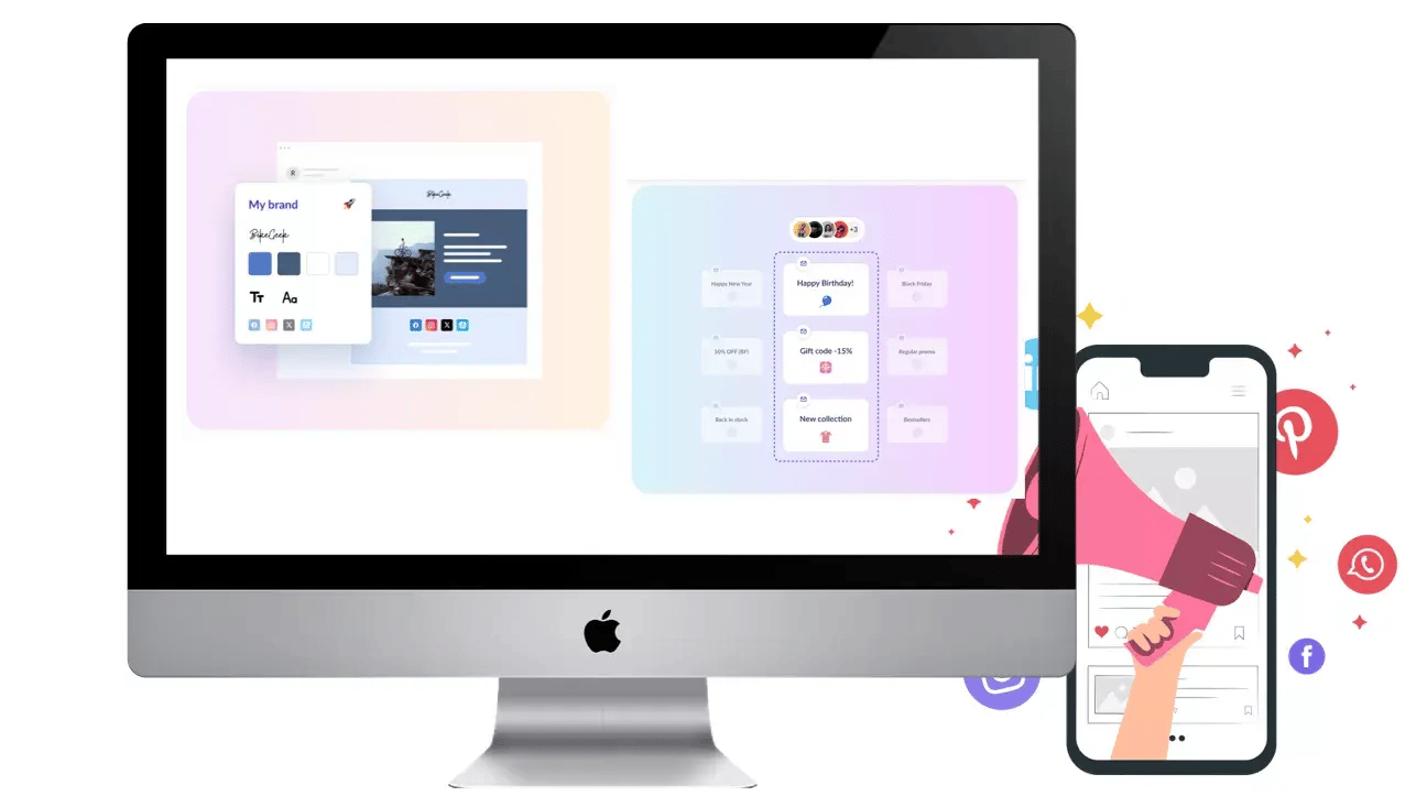 The image depicts an Apple iMac computer with a split-screen display showing a desktop background and an Instagram interface on the right. The image depicts an Apple iMac computer with a split-screen display showing a desktop background and an Instagram interface on the right.
