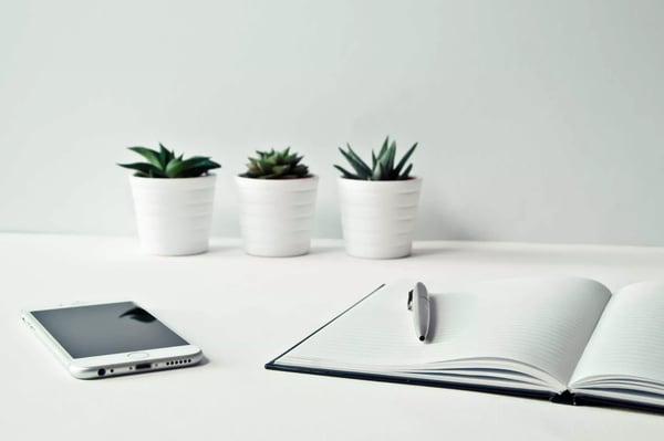 The image shows a minimalist workspace with a white smartphone, a pen, an open notebook, and three small potted plants.